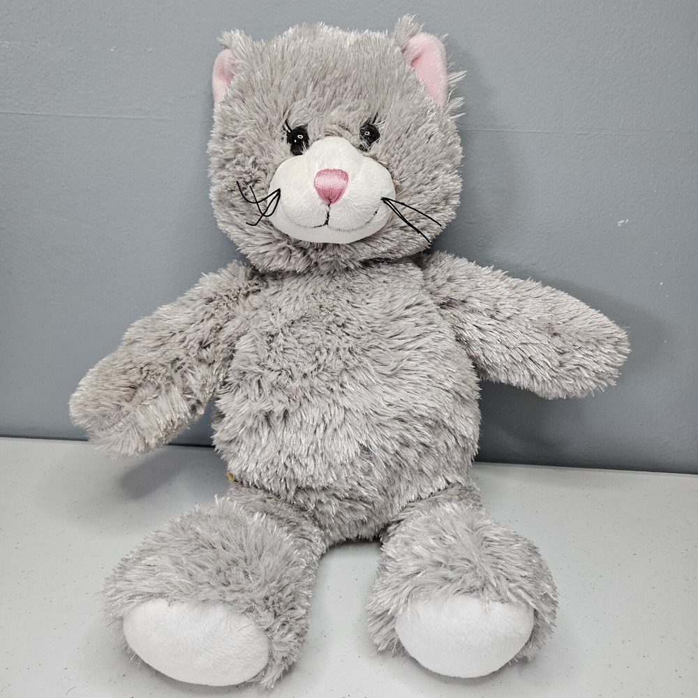 Build Bear Gray Cat Plush Long Eyelashes Pink Ears Nose Stuffed 16" 2010 BABW